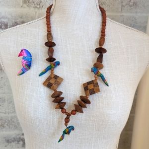 Vtg LongWood Bead and Wood Brooch Macaw Tropical Theme Duo